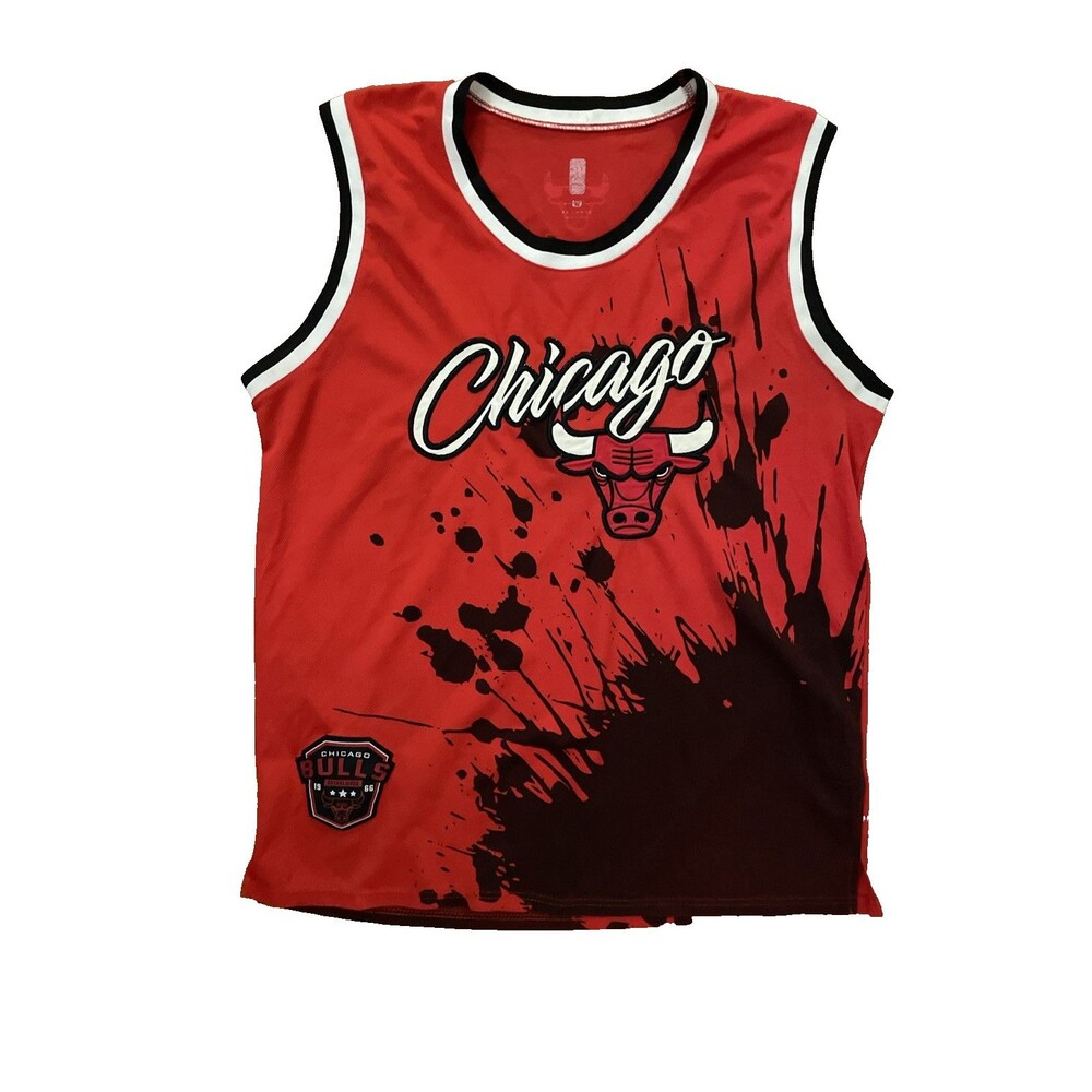 Chicago Bulls NBA Jersey Mens XXL Red Black Splatter Graphic Sleeveless Tank